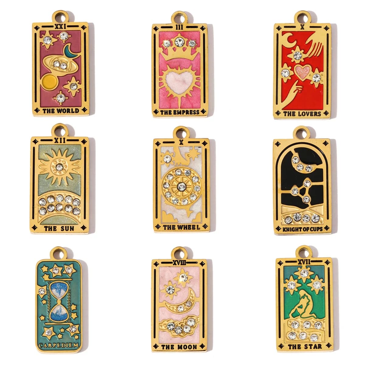 3 pz/lotto In Acciaio Inox Smalto Tarocchi Carte Collana Pendenti Clessidra Occhio Corona FAI DA TE Pendenti E Ciondoli Donne Luna Sole Stella Gioielli