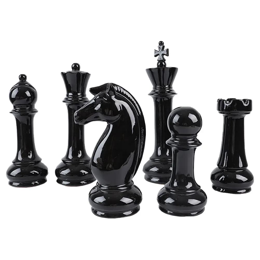 Set di 6 Pezzi Scacchi Internazionali in Ceramica Nera, Decorazione per Ufficio e Camera da Letto, Ornamento Artistico da Collezione