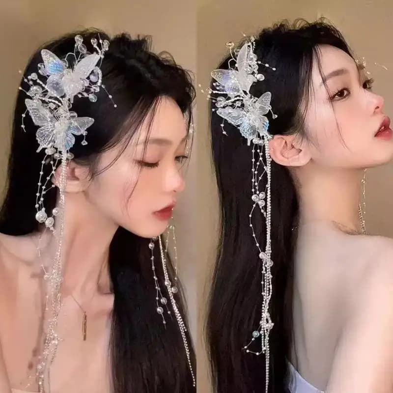 【F】Fermaglio per capelli lungo a farfalla con perline e nappe per donna, stile fata, dolce principessa, accessorio moda sposa