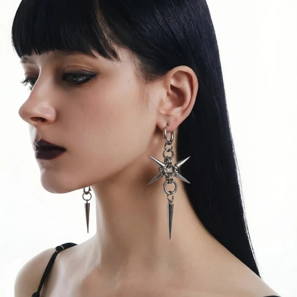 A pair Gothic Stainless Steel Hoops Spike Piercing Long Dangle Earrings Handmade Punk y2k Chainmail Rivet Drop Earrings Rock Jewelry