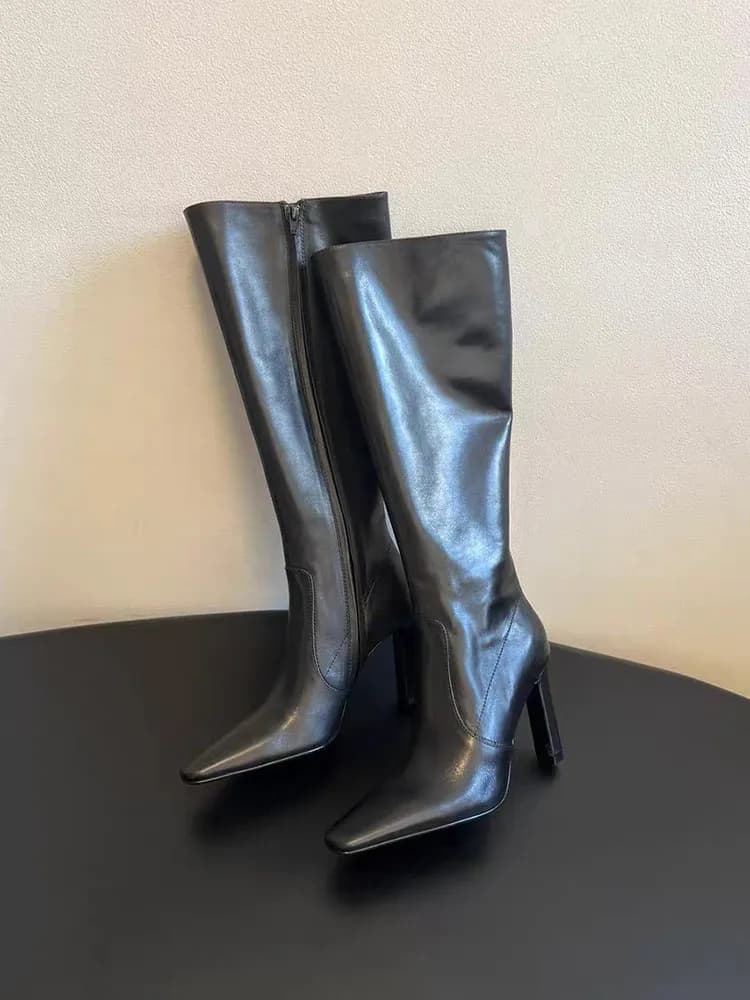 Stivali alti al ginocchio da donna neri/marroni Punta quadrata Tacco alto Autunno Inverno Moda Party Office Stivali eleganti alla moda casual