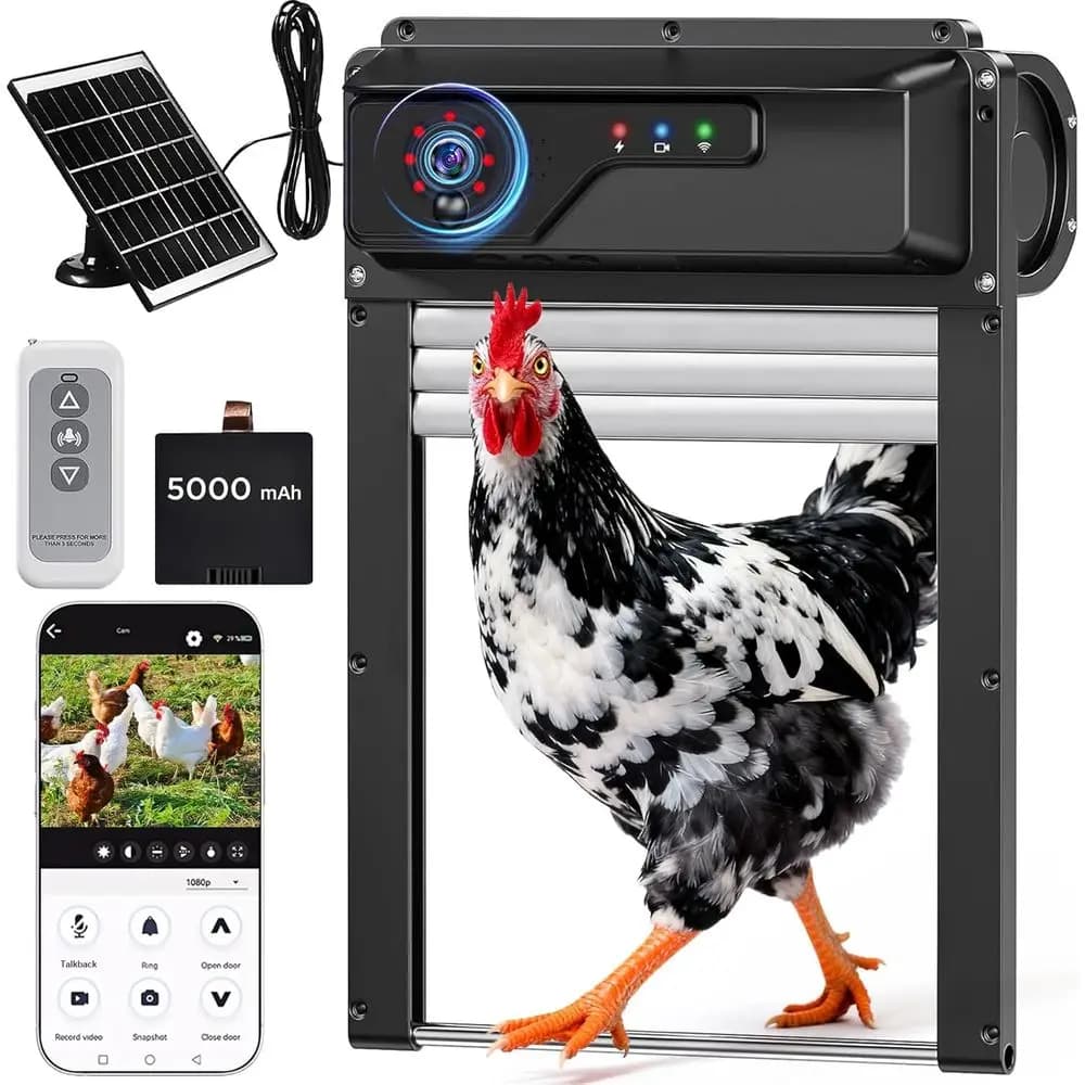 Apriporta Automatico Elettrico per Pollaio con Telecamera HD1080P, Timer, Controllo Remoto e APP, Batteria da 5000mAh, Visione Notturna, Allarme