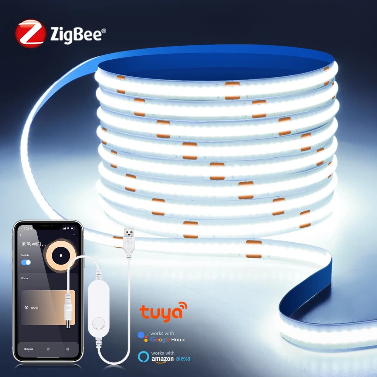 ZigBee COB LED Strip Smart Tuya Alexa Luci USB 5V Dimmerabile Neon LED Nastro con Wifi Dimmer Controller Camera da letto Cucina Deco