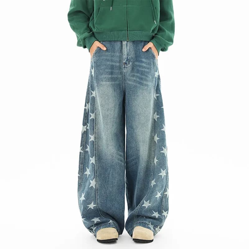 Jeans da Uomo Stile Americano Lavato, Pantaloni Larghi Deconstruiti High Street con Stampa a Stella a Cinque Punte, Casual