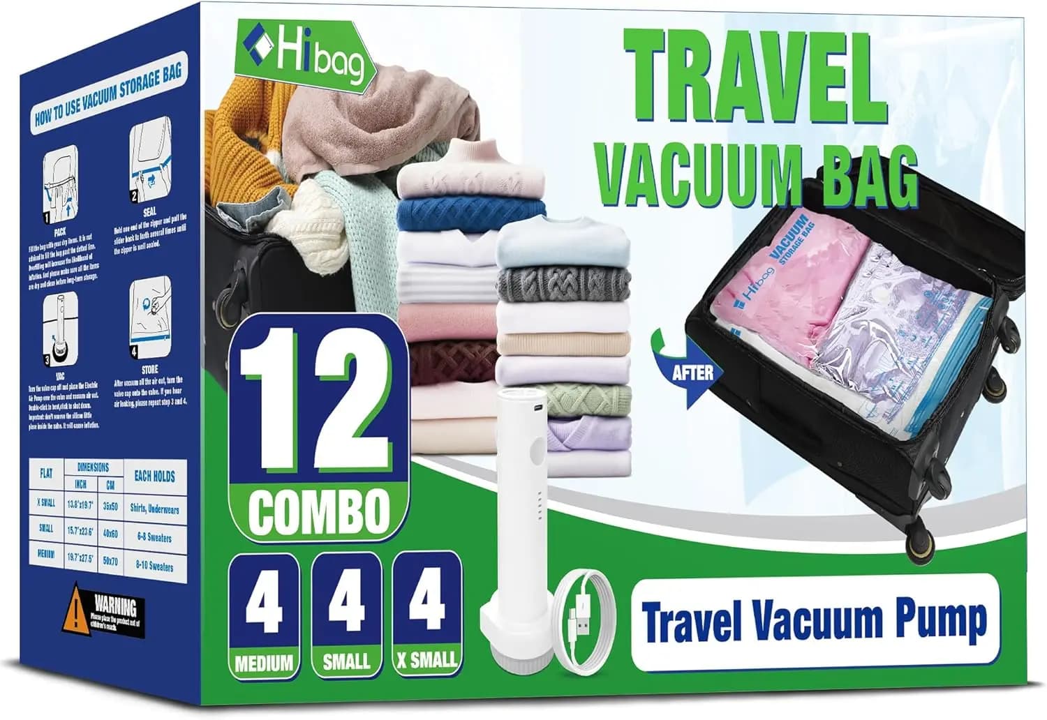 Sacchetti Sottovuoto da Viaggio con Pompa Elettrica, Confezione da 12 per Risparmiare Spazio su Valigie e Bagagli