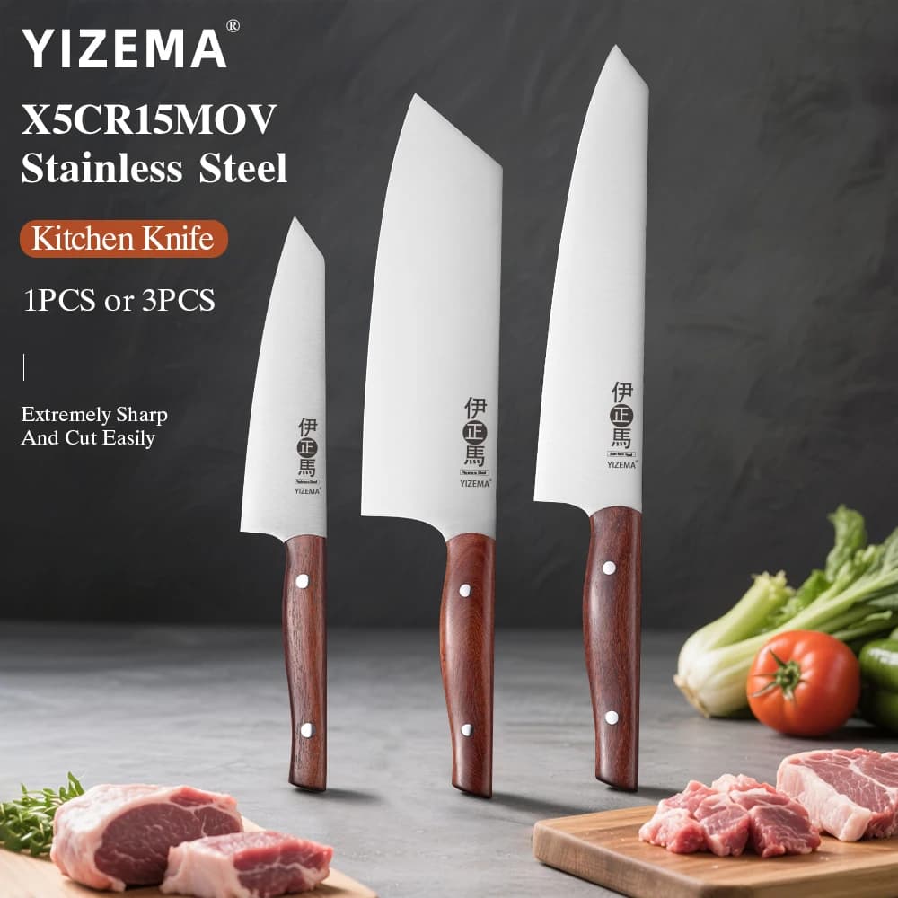 YIZEMA Set of 3 Professional Kitchen Knives, Kiritsuke Multipurpose Knife, X50Cr15MoV Stainless Steel Manoic, Japanese Chef Knife