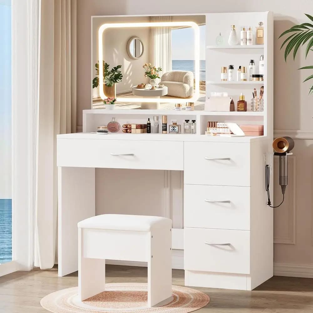 LIVELYGLOW White Makeup Vanity Desk with Charging Station & 4 Ders | Smart LED Mirror, Cushioned-Stool, Hairdryer Rack