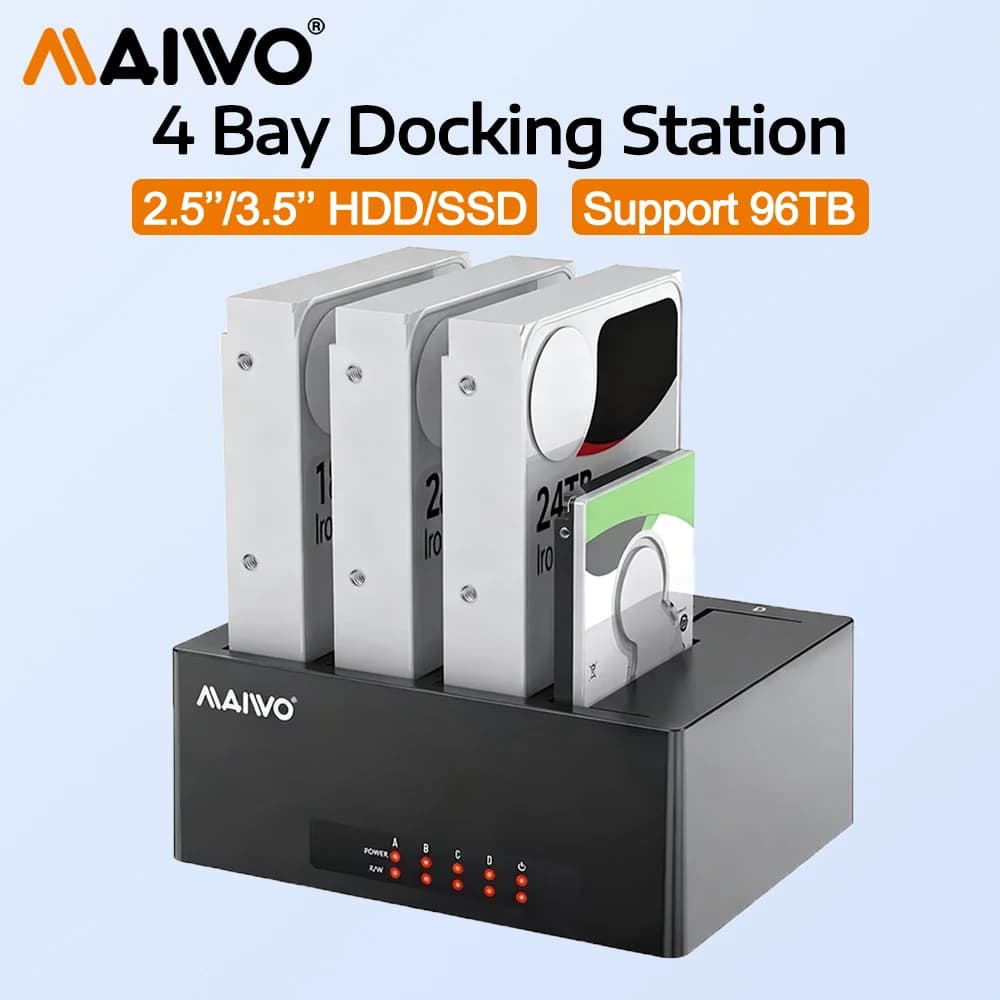 MAIWO Custodia per disco rigido da 3,5 pollici a 4 alloggiamenti Custodia per HDD esterna USB C da SATA a USB3.0/Tipo-C Docking station per HDD da 2,5/3,5 pollici