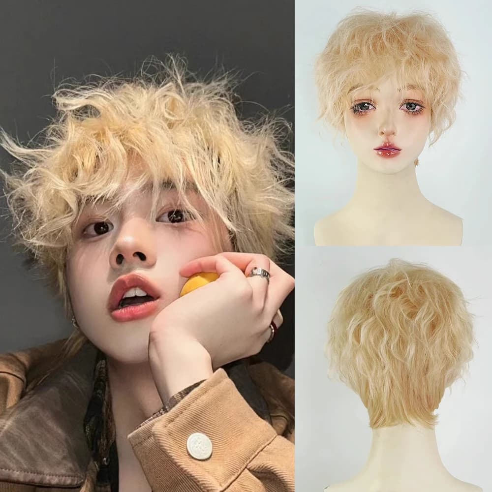 Men Short Wavy Curly Synthetic Blonde Wig with Bangs Fluffy Cosplay Hair Heat Resistant Wig for Daily Party