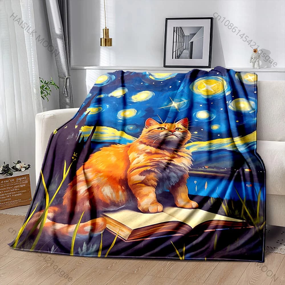1PC Coperta calda con stampa gatto sul libro e cielo notturno, per adulti e bambini, per casa, viaggi, auto, morbida e confortevole, adatta a tutte le stagioni