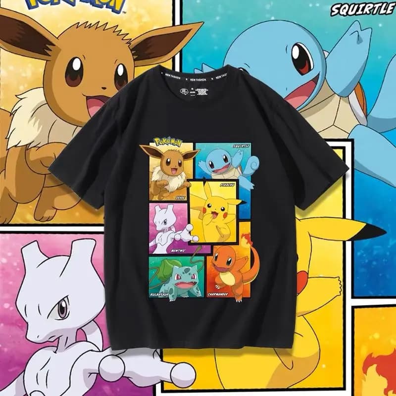 T-shirt Pokemon Pikachu Eevee Mewtwo Charmander Bulbasaur Squirtle 100% cotone a maniche corte, abbigliamento casual estivo