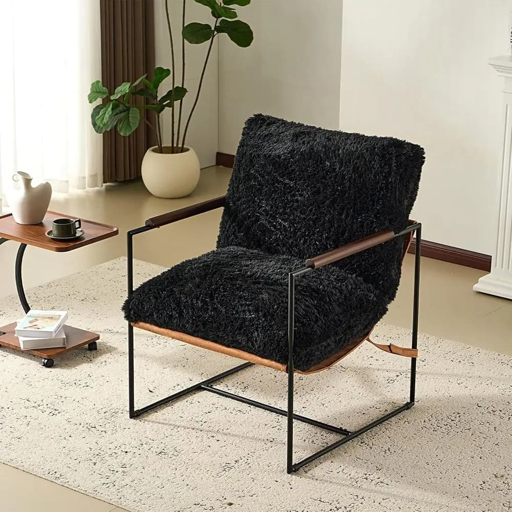 Poltrona Sling in Peluche da 28 Pollici con Telaio in Metallo, Cuscino Rimovibile, Ideale per Patio, Soggiorno o Camera da Letto