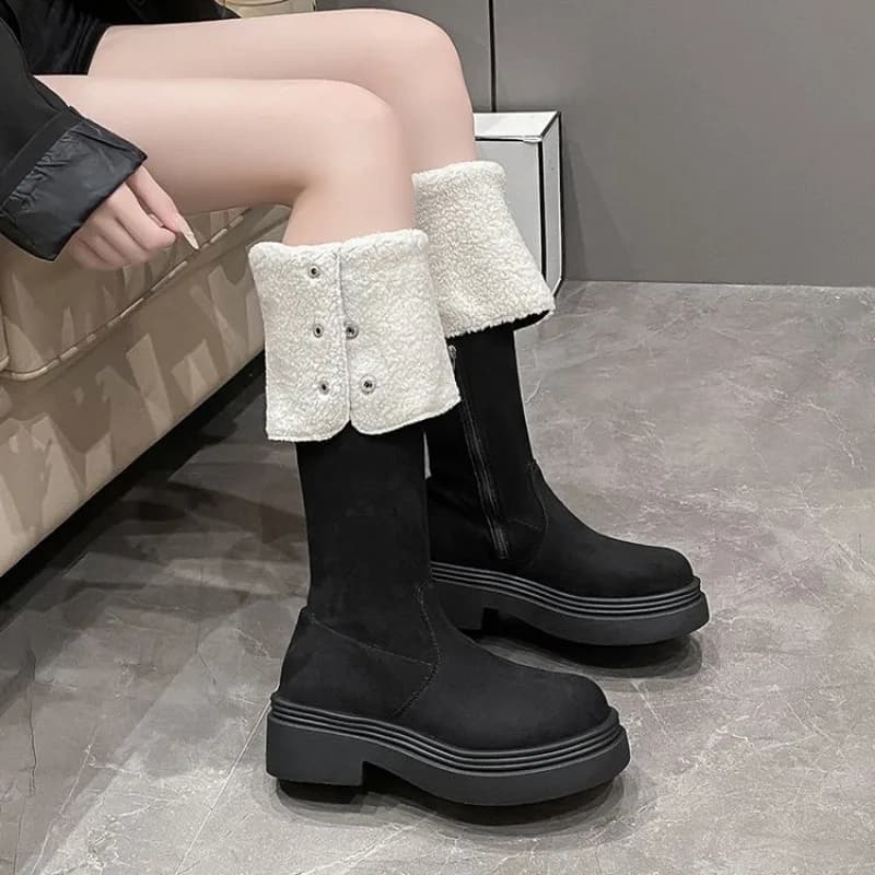 Women's Knee-High Boots Round Toe Low Block Heel Suede-Look Foldover Cuff Platform Lug Sole Side Zipper Casual Dressy Footwear