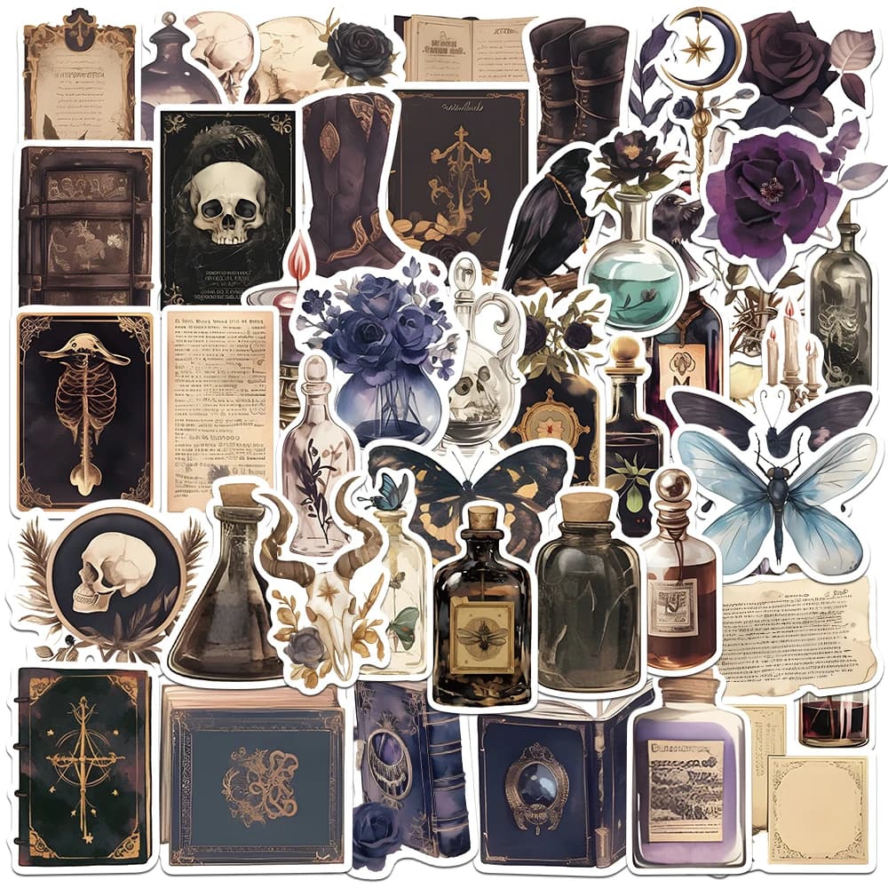 50 pieces stickers Dark Academia aesthetic art dark water bottle vinyl decals waterproof for Bullet Journal laptop skateboard guitar