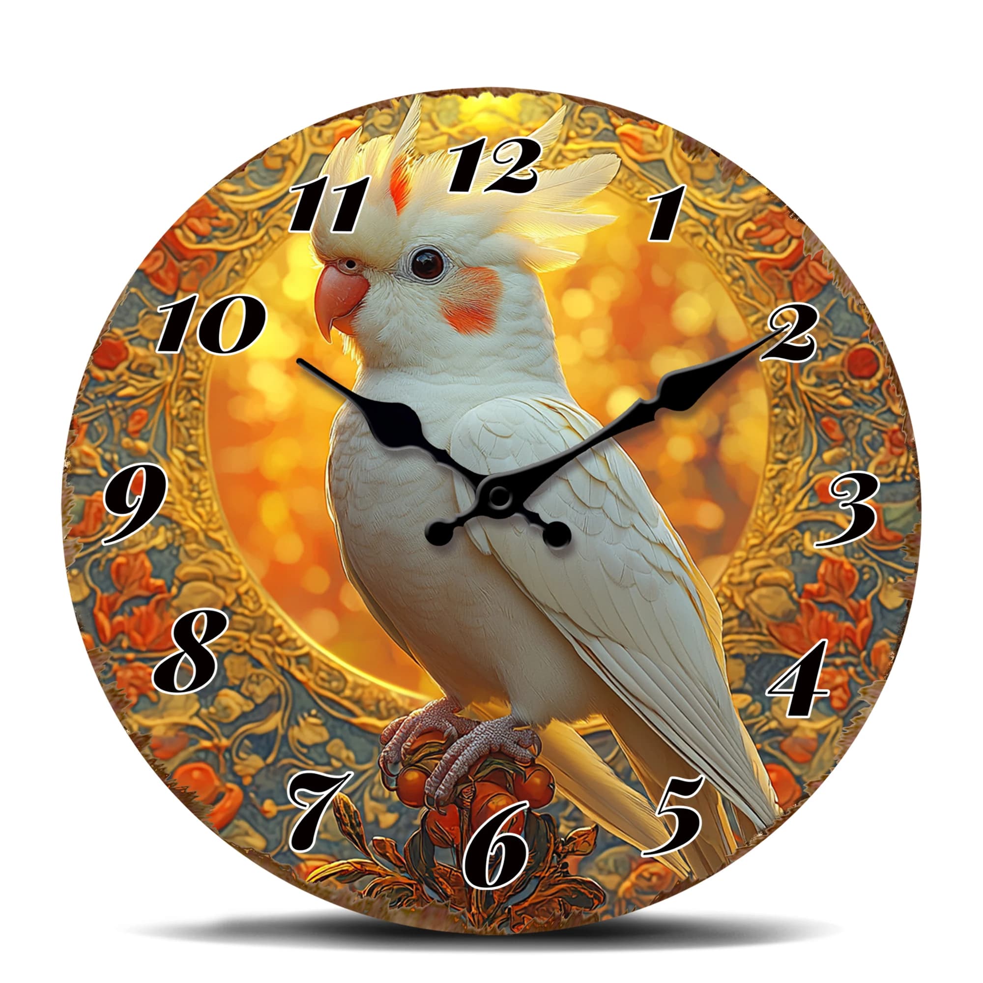 Wall clock with parrot nimfa, design with bright feathers, silent quartz movement for bird lovers, artistic watch with golden frame ornamented