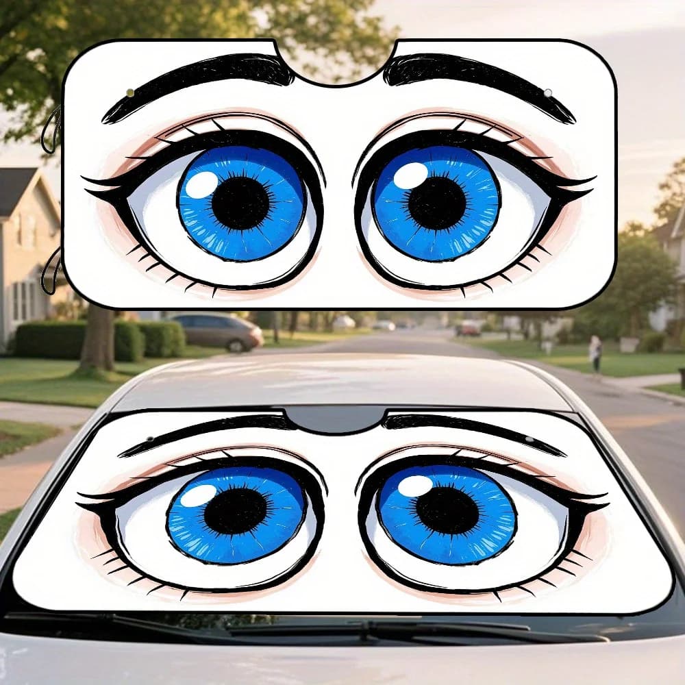 1 pezzo, cartone animato occhi azzurri look divertente stampa parasole per parabrezza per auto in fibra di poliestere, universale adatto per vari modelli, ideale per Tra