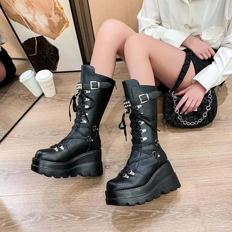 Women's Boots Goth Cosplay motorcycle Platform ankle Boots for Womens Designer belt Buckle Leather Wedges Thick shoes for womens
