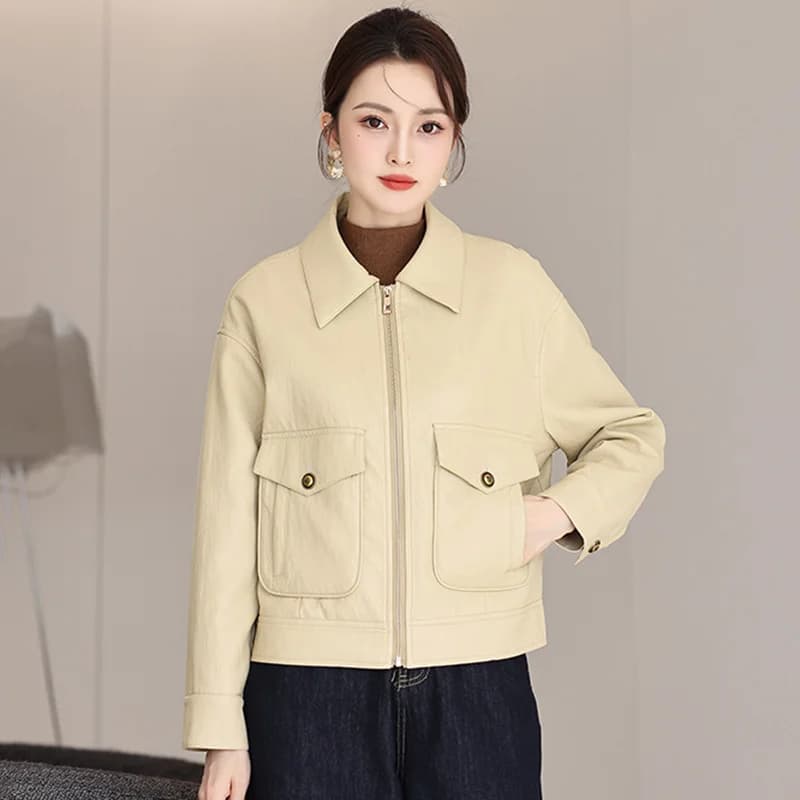 Nuovo Donne Sciolto Giacca in pelle divisa Primavera Autunno Moda Colletto risvoltato Manica lunga Cappotto corto Casual Cappotto in pelle Femmina