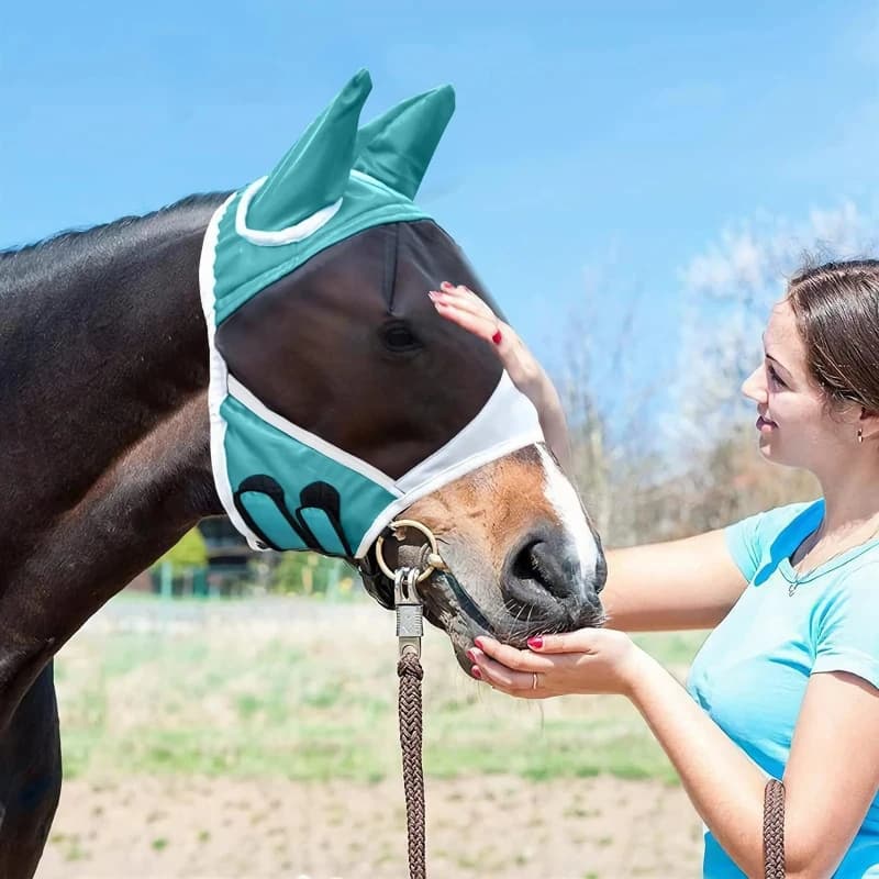 Maschera Antimosche Estiva Traspirante per Cavalli con Copriorecchie, Maschera Antizanzare in Rete per la Cura del Cavallo, Accessori Equestri