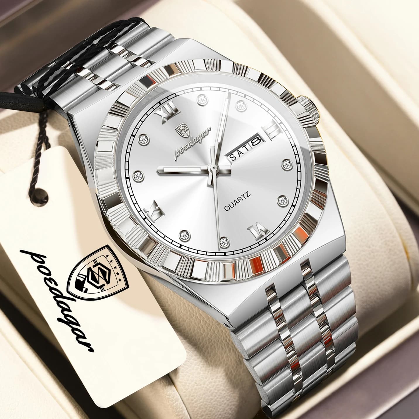 POEDAGAR High Quality Luxury Man Wristwatch Waterproof Luminous Week Date Men Watch Stainless Steel Quartz Fashion Men's Watches