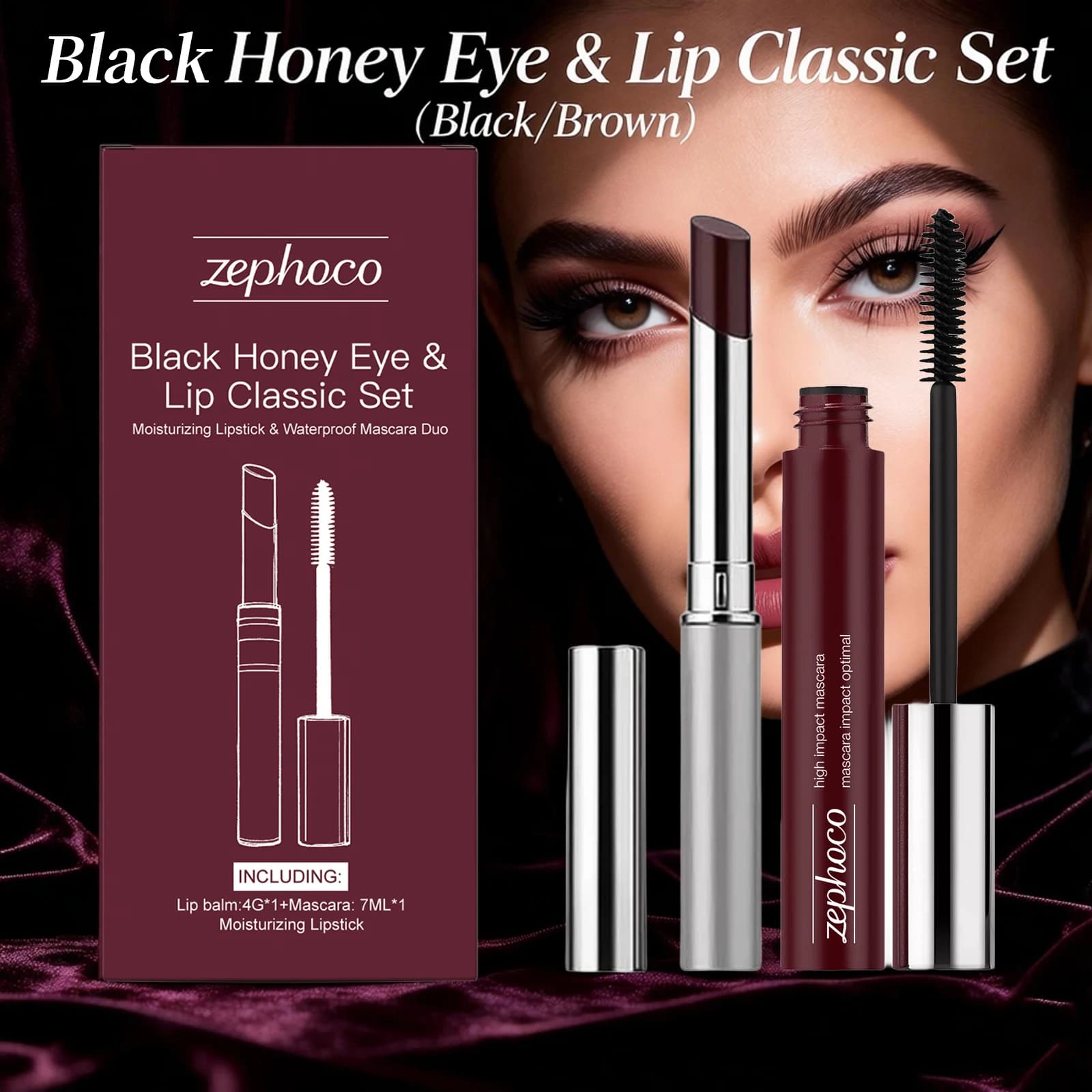 Classic Set Black Honey for Eyes and Lips: Moisturizing Mascara, Hydrating and Setoso Lip, 3D Lip Makeup, Waterproof Kit