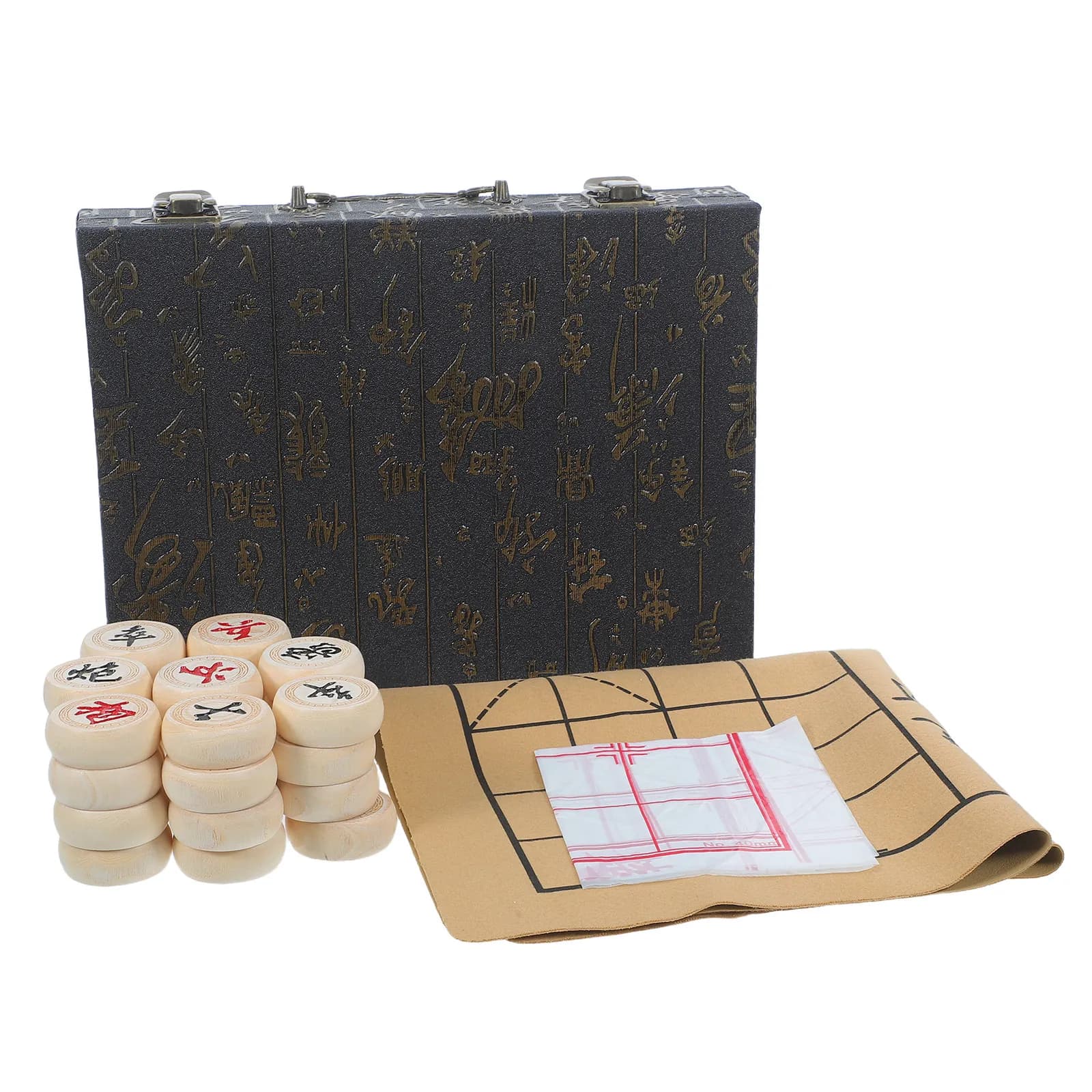 1Set Wooden Chinese Xiangqi Chess Set PU Board Traditional Handmade Xiangqi Pieces Portable Storage Box Travel Family