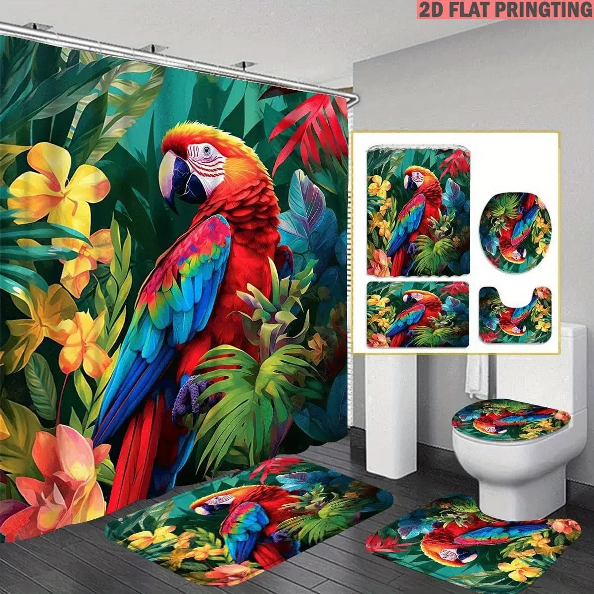 4pcs Shower Curtain and Bath Mat Set with pattern Parrot Tropical Flowers Jungle Leaves Non-Slip Bathroom Decor