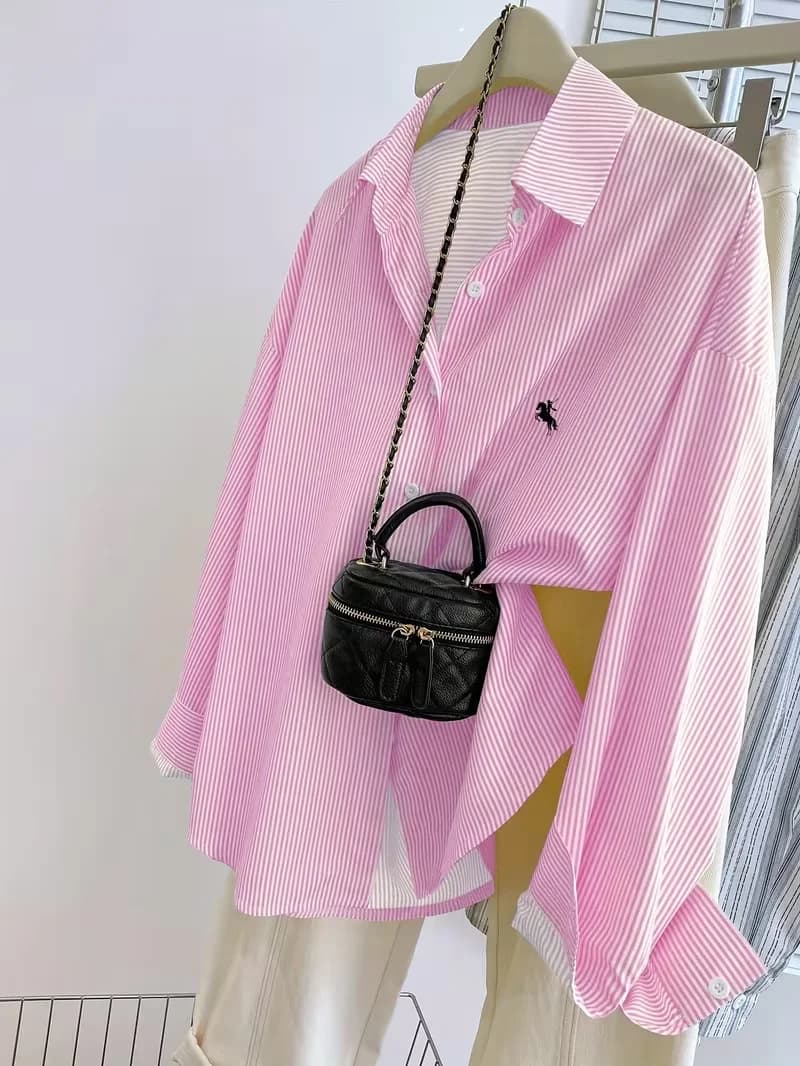 camicetta a maniche lunghe da donna, camicia casual a maniche lunghe con bottoni sul davanti e stampa di cavaliere a righe da donna