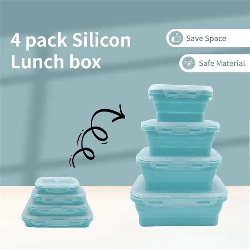 AA77 Contenitori per la conservazione degli alimenti pieghevoli in silicone con stack piatte Contenitori per la conservazione degli alimenti con coperchi Scatola per pasti per avanzi per la cucina Confezione da 4