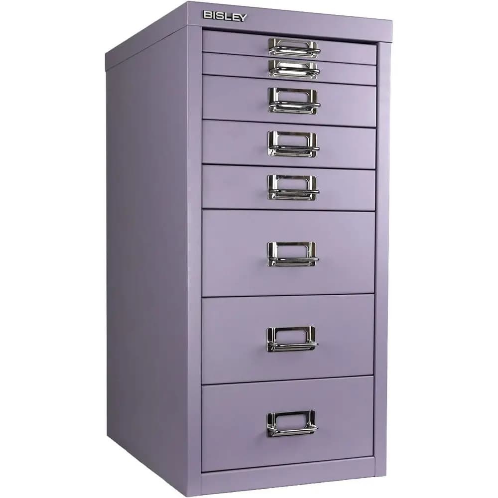Armadietto in acciaio verniciato a polvere lilla con maniglie cromate e portaetichette, design sottoscrivania, etichette incluse