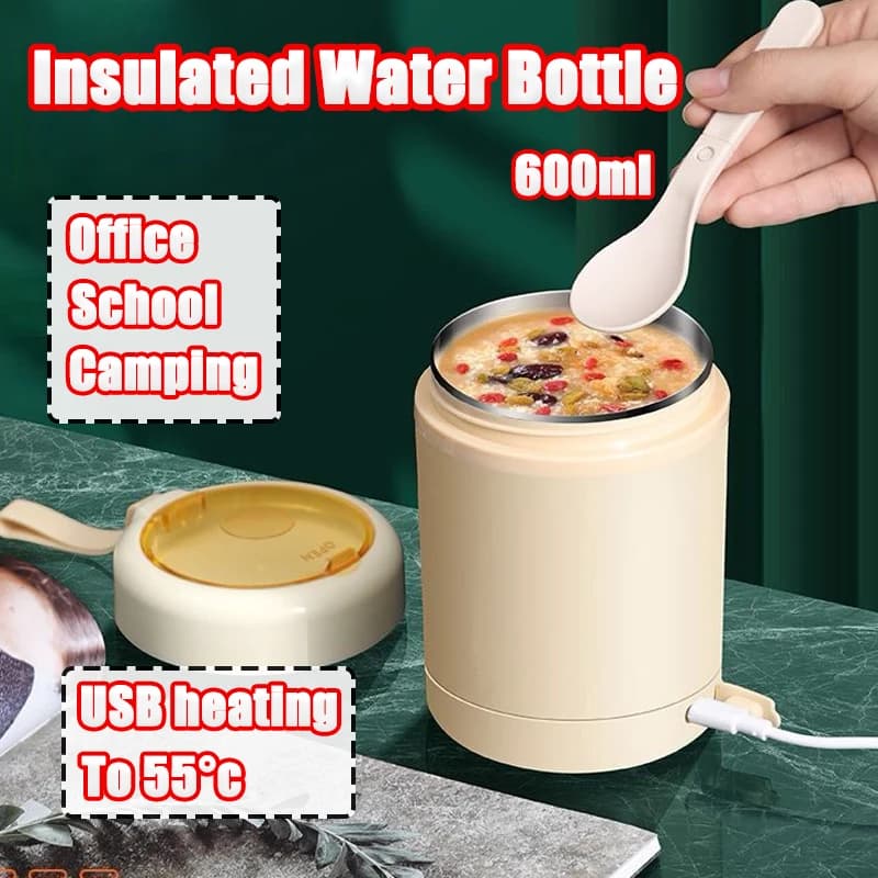 600 ml portable stainless steel USB insulated water bottle for office, school, camping, food heating, heater, mini tools