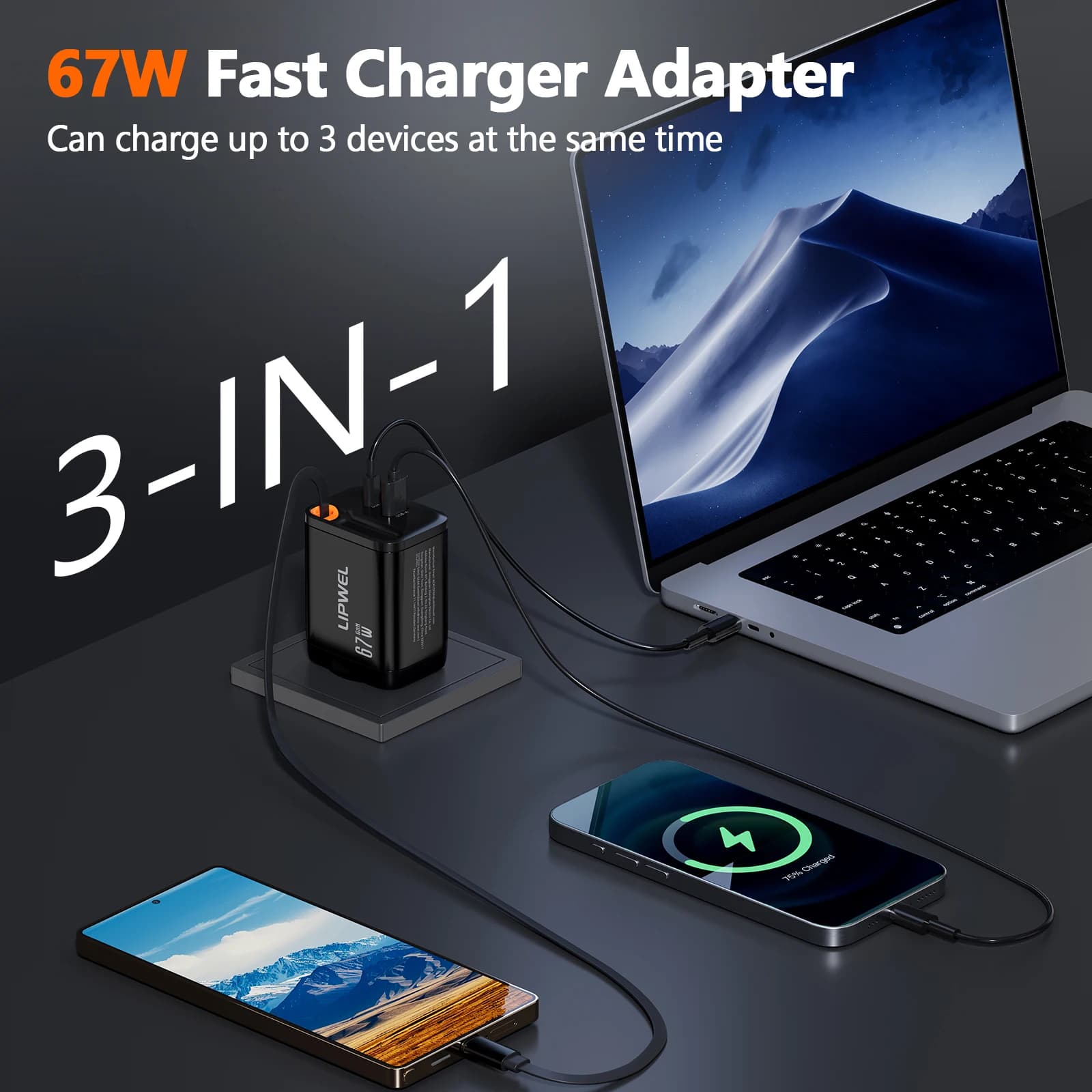 EU 67W 3-in-1 Fast Charging Charger with Retractable USB-C Cable Compact Portable Device Includes 1 USB-C & 1 USB-A Port