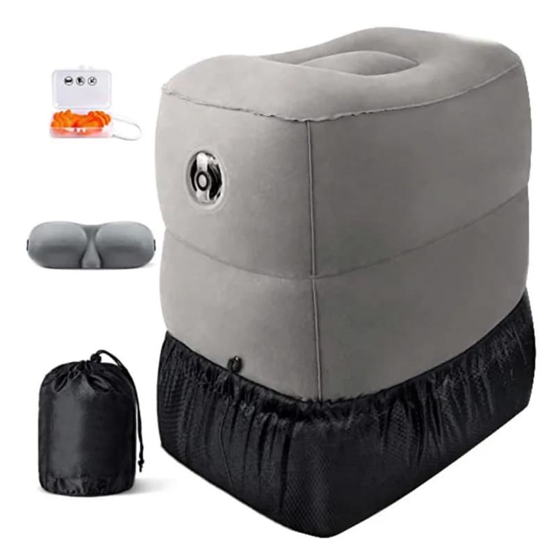 Poggiapiedi gonfiabile per poggiapiedi da viaggio in aria cuscino per piedi regolabile in altezza con maschera per gli occhi 3D, tappi per le orecchie e borsa portatile con coulisse