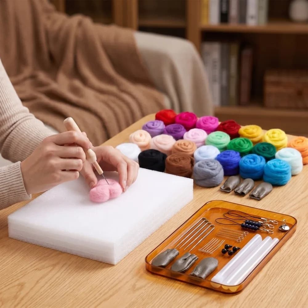 Multicolor 25 Colors 66S Wool Roving Felting Kit Wool, Wood, Copper, Plastic DIY Needle Punch Felting Material Set