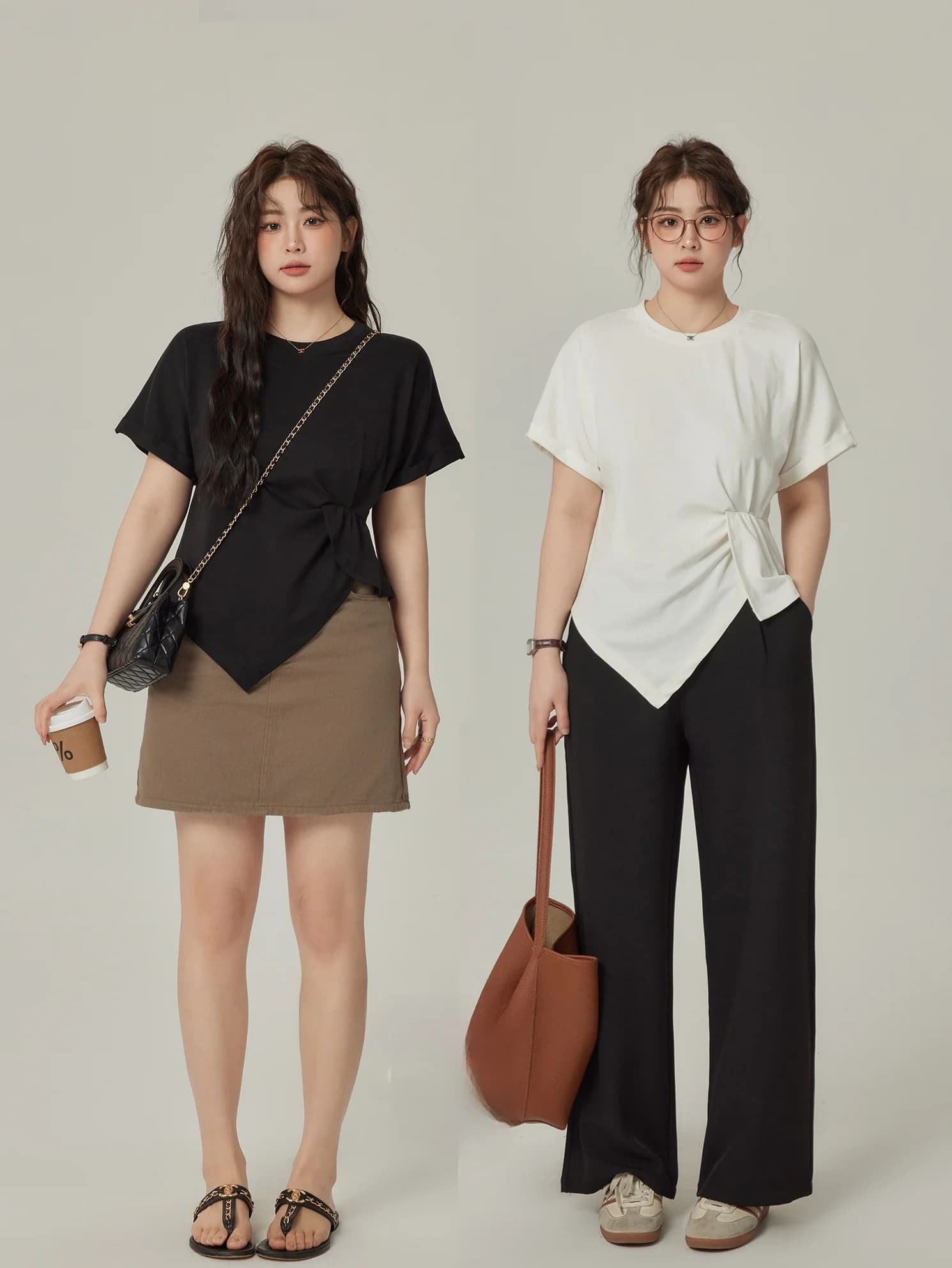 T-shirt Monika Plus Size con scollo rotondo e maniche corte, design slim fit estivo da donna, top asimmetrico unico, stile coreano, per il lavoro quotidiano.