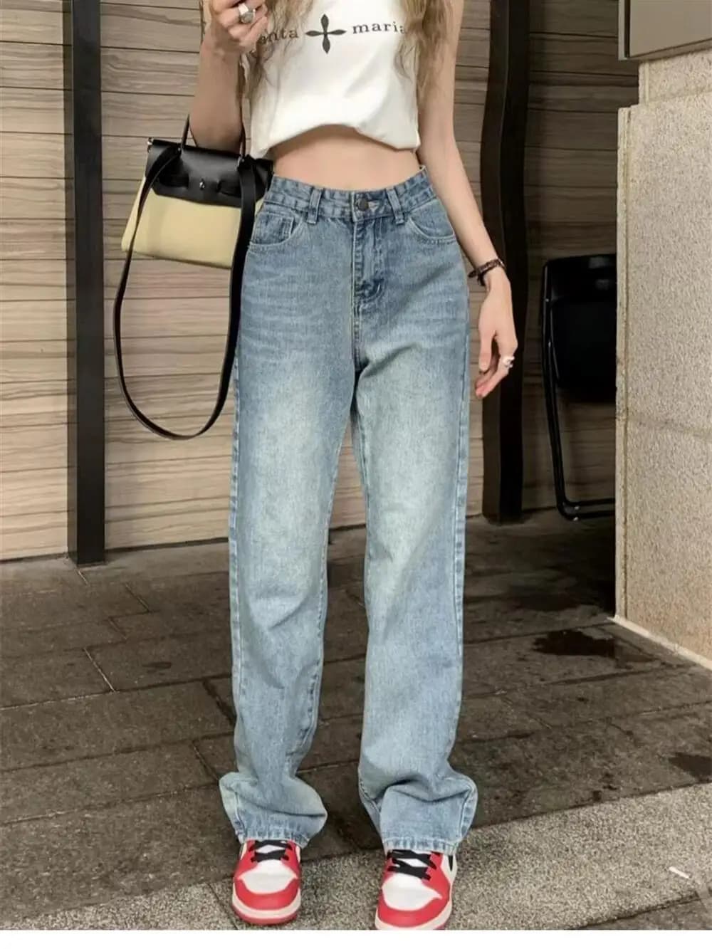 American Style Retro High Street Women's Jeans Spring Summer New Small Design Straight Wide Leg Pants High Waist Blue Long