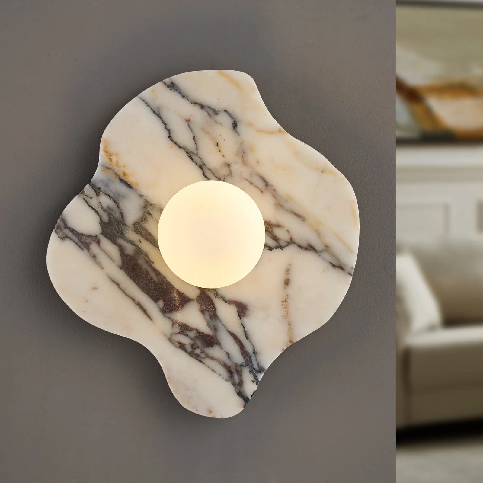 Luxury Natural Marble LED Wall Lamp Sconce Staircase Aisle Bedroom Wabi Sabi Marble Stone White Glass Ball Bathroom Mirror Light