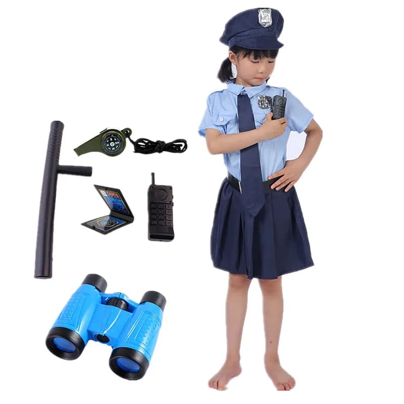 Vestito da polizia per ragazze, uniforme da ufficiale, costume di Halloween, giocattoli della polizia, accessori con walkie talkie, fischio, bastone, regalo