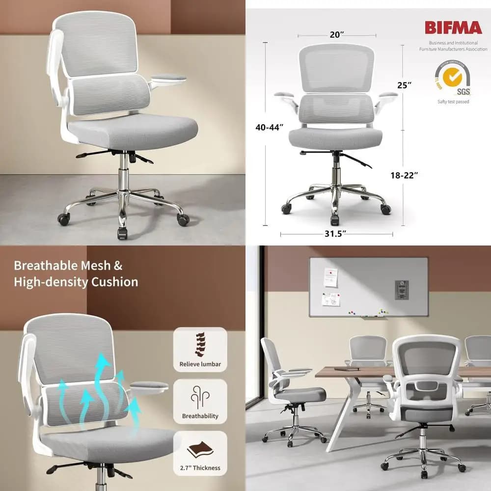 Ergonomic mesh office chair with padded cushion, adjustable lumbar support and 90 ° -130 ° Recline, white with padded armrests