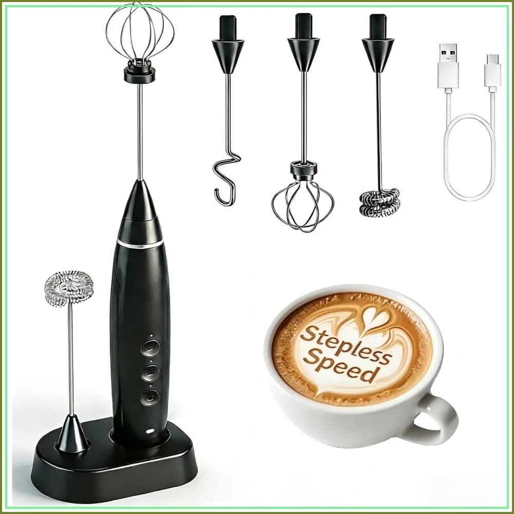 3-in-1 Electric Milk Frother with 3 Stainless Steel Whisks, USB Rechargeable Handheld Foam Maker, 3 Speed Coffee Frother for Latte