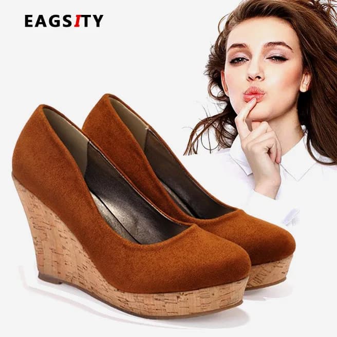 EAGSITY wood grain Suede high heel shoes women wedges shoes platform shoes round toe casual chunky heel block heel pumps
