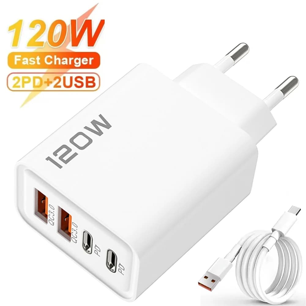 Caricabatterie rapido da 120W con cavo USB Type-C, adattatore di alimentazione per ricarica rapida per iPhone, Xiaomi, Samsung, caricatore da parete a ricarica rapida.