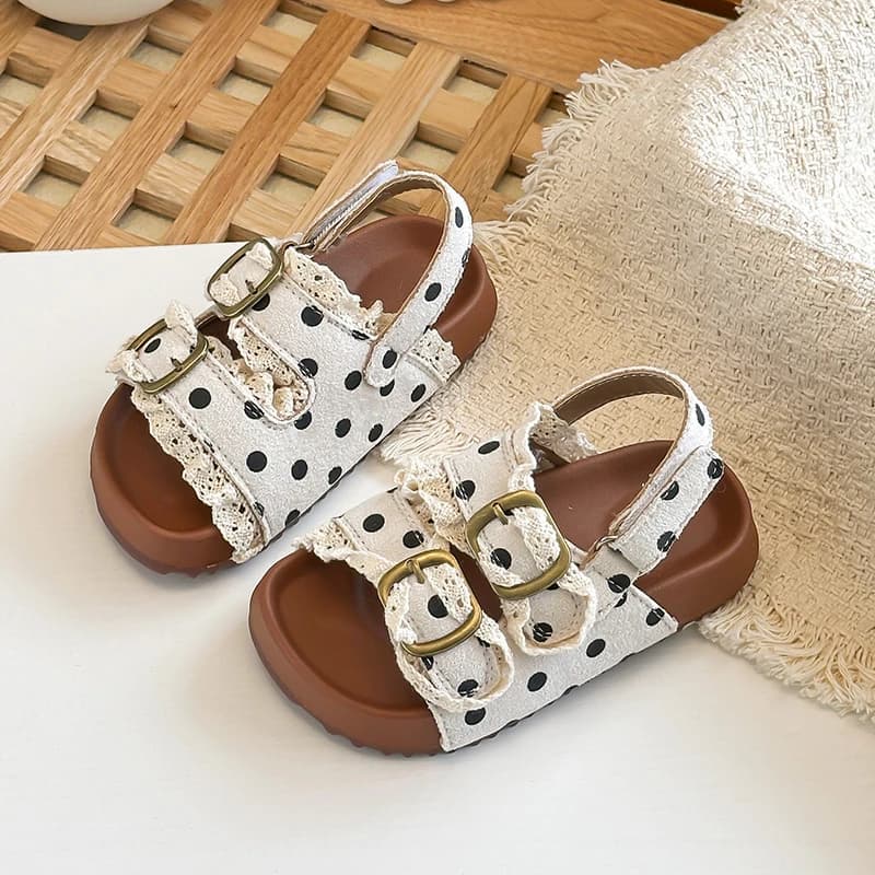 Kids Princess Shoes Sweet Polka Dots Sweet Lace Girls Beach Shoes Hook&loop 2026 Summer New Children Sandals Casual Non-slip