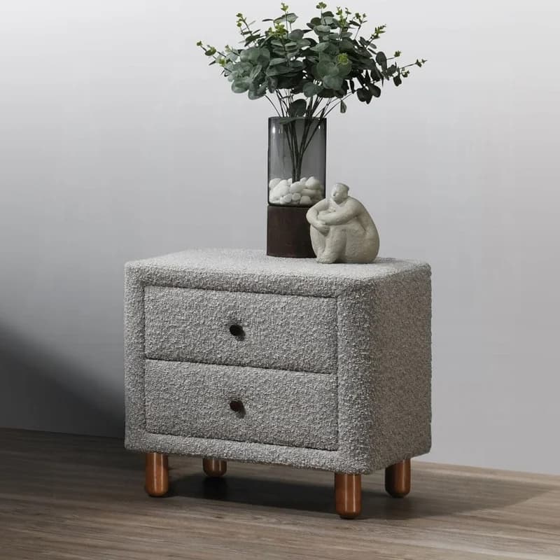 Classic Gray Two-Drawer Nightstand with Wooden Legs and Plush Boucle Upholstery