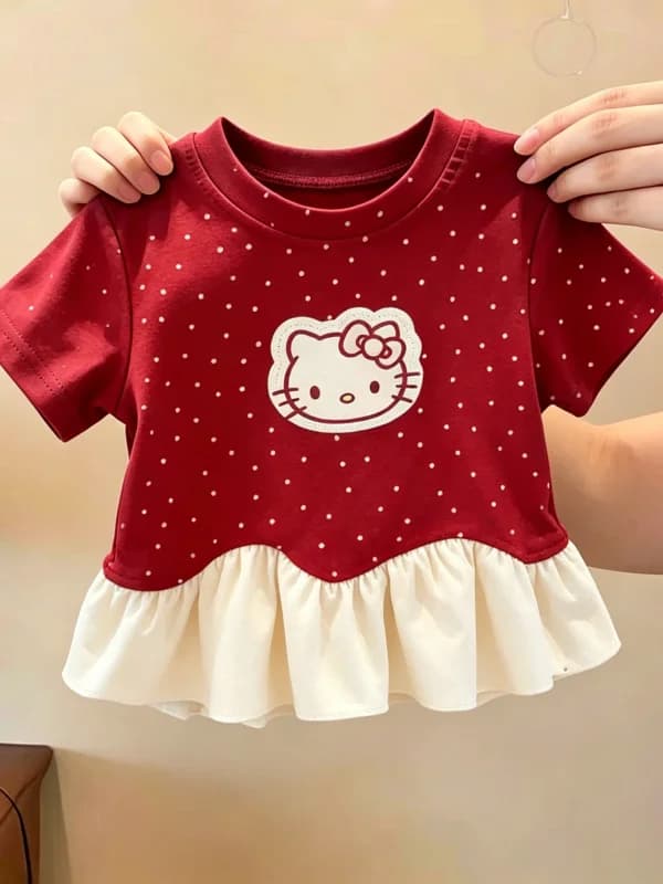 Girls Short Sleeve T-Shirt Summer New Style Baby Girl Polka Dot Cartoon Sweet Lace round Neck Top Cotton Breathable Comfortable