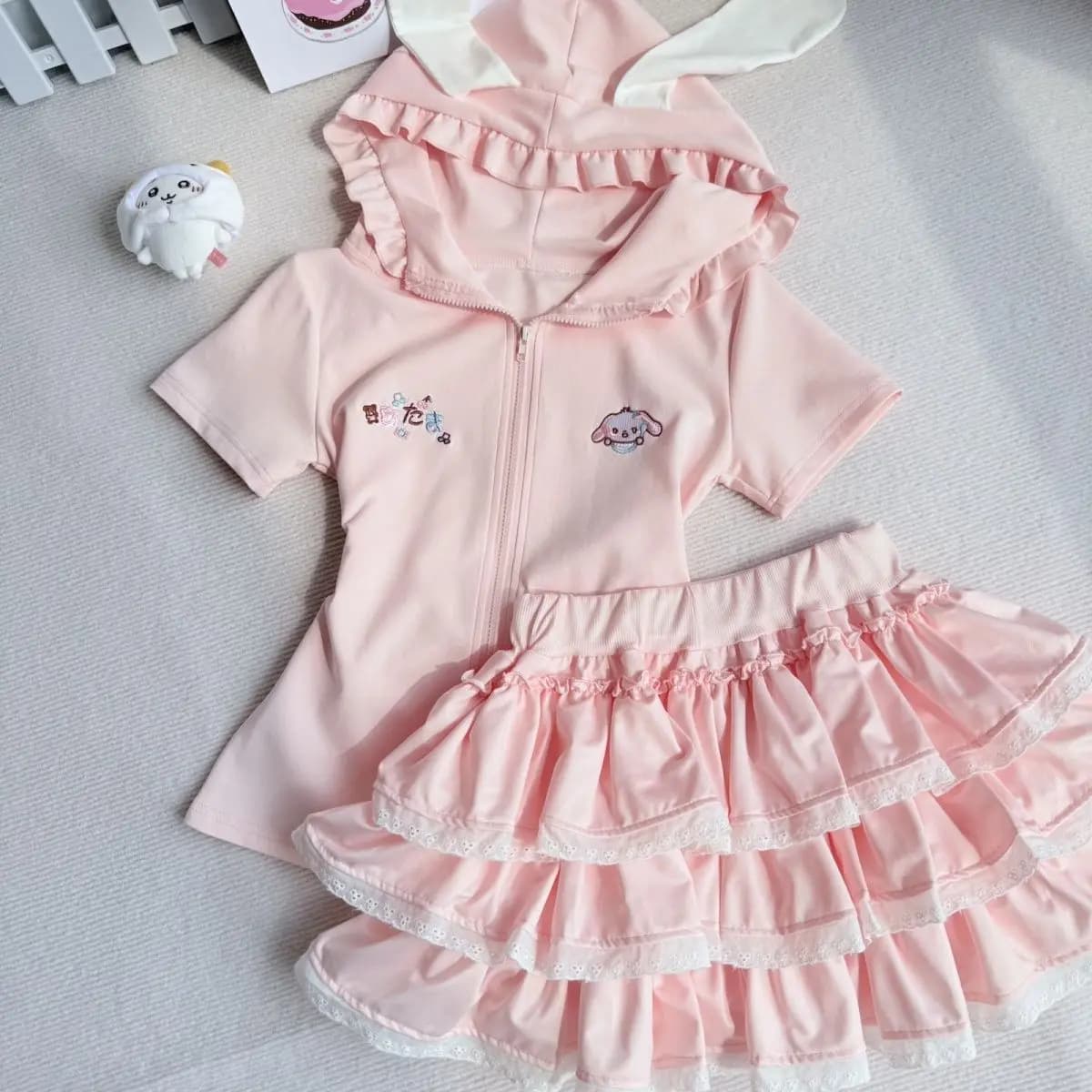 Set di gonne dolci per ragazza morbida giapponese manica corta orecchie di gatto carine felpa con cappuccio con zip + minigonna in vita elastica in pizzo set da 2 pezzi abiti Y2k