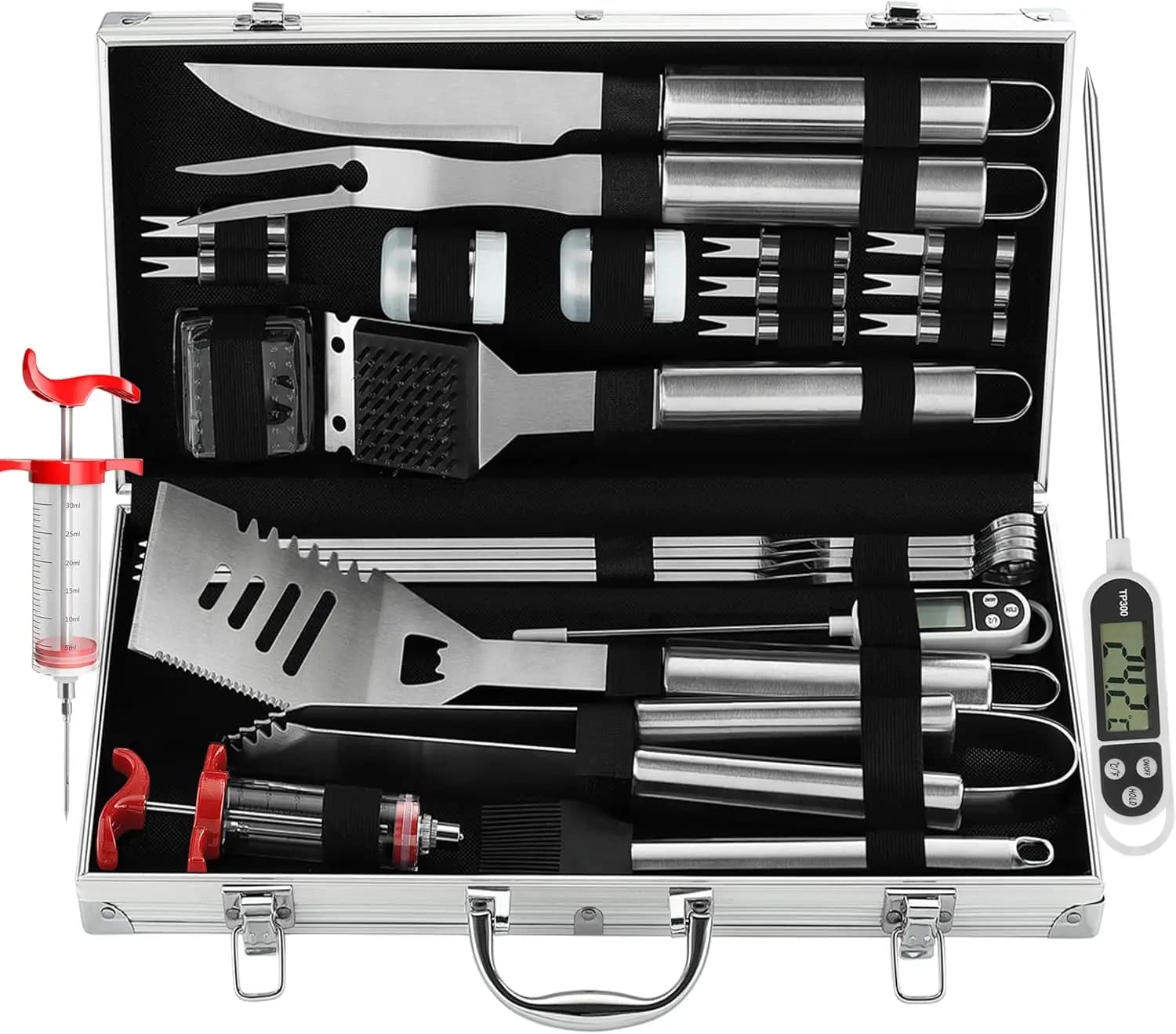 24-Piece BBQ Grill Tools Set with Meat Thermometer & Injector - Stainless Steel Spatula, Fork, Tongs - Complete Grilling Accessories in Aluminum Case, Perfect Gift for Dad