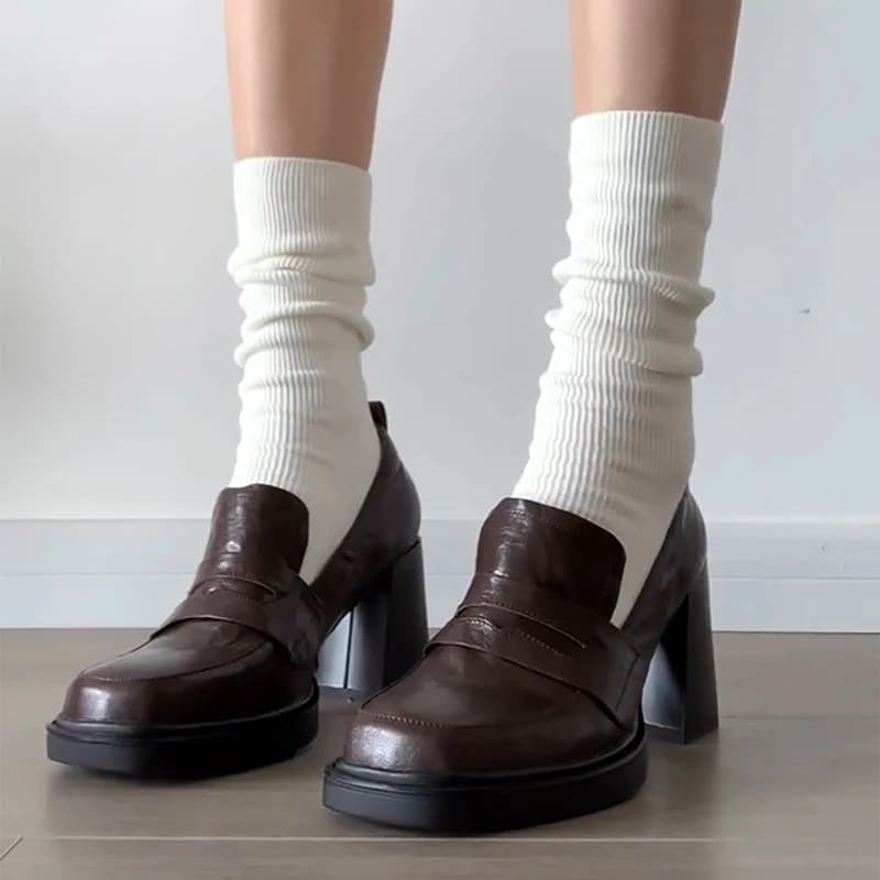 Scarpe mocassini da donna stile college Moda slip superficiale su scarpe da pendolarismo vintage eleganti con tacco spesso femminile