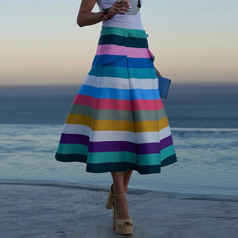 Donna Primavera Autunno Gonne a trapezio a righe colorate 2025 Nuove tasche con cintura con giunture divise Costumi da bagno alla moda Donne urbane Pantaloni larghi