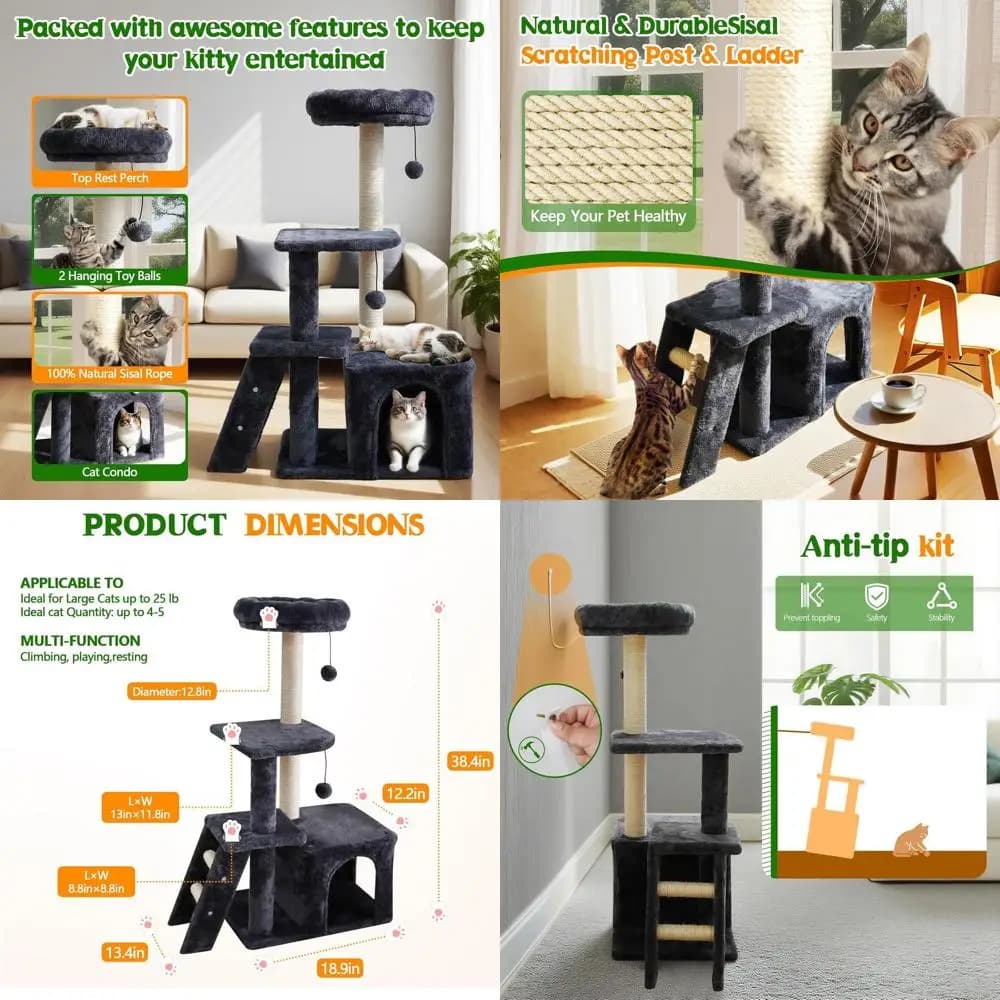 Albero per Gatti a 38,4 Livelli con Tiragraffi, Scala per Arrampicarsi, Cuccia in Peluche e Palla per Gatti di Taglia Grande da Interno, Grigio